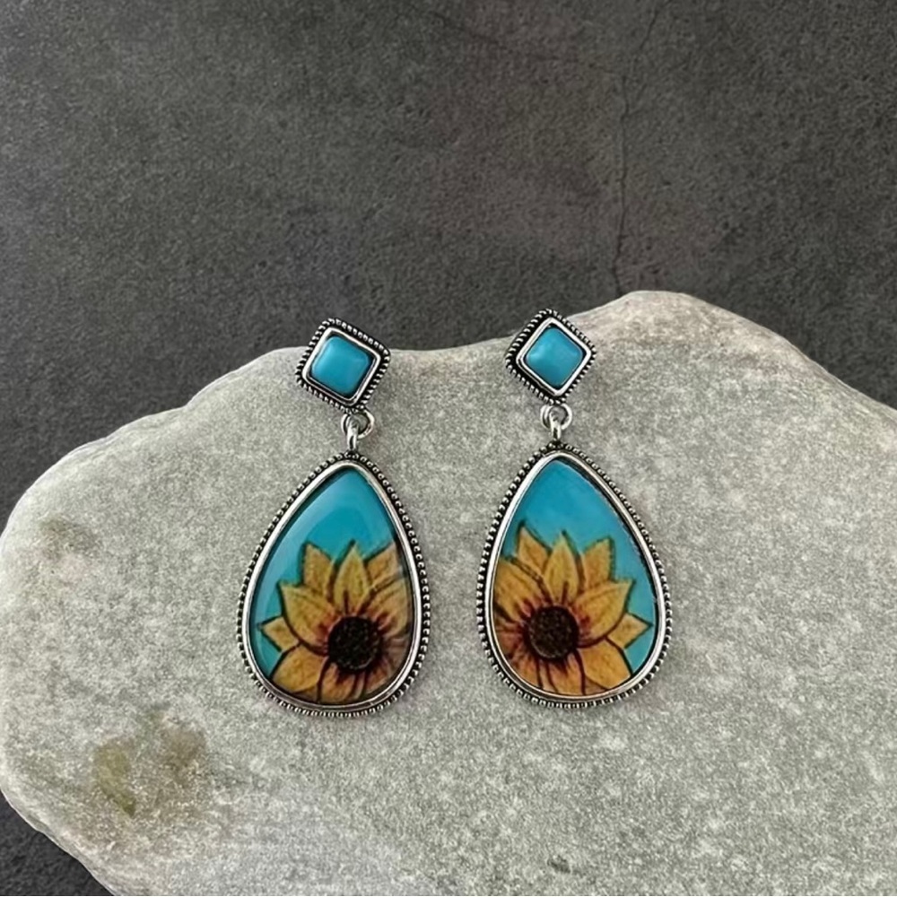 Turquoise Sunflower Teardrop Drop Earrings